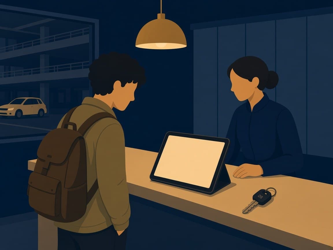 Illustrated LAX rental desk at night where a traveler faces a clerk across a cream counter, a blank tablet and a car key under a gold lamp.