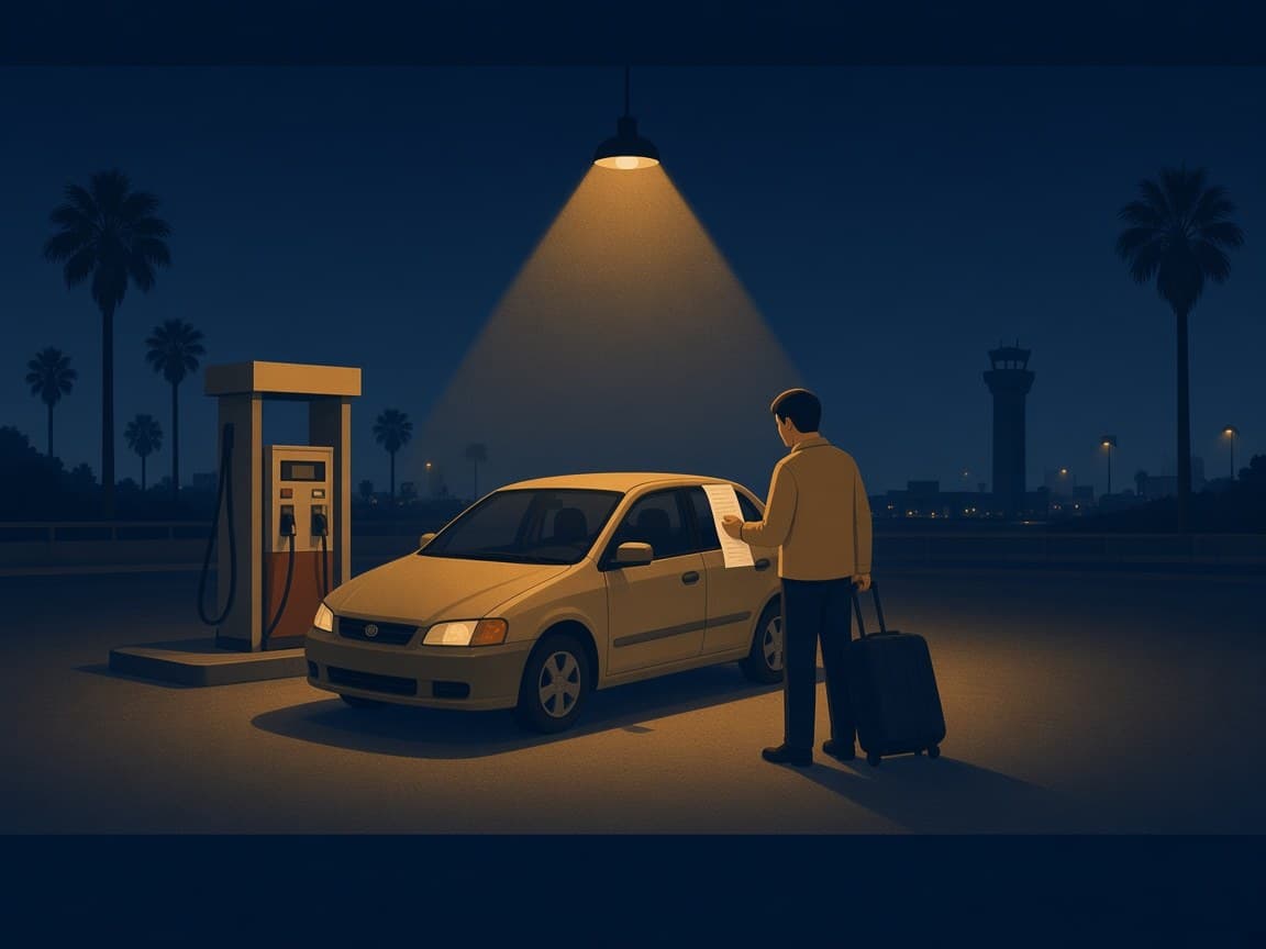 Illustrated night gas station near LAX with a cream compact rental under a gold lamp, a traveler reading a small receipt beside a suitcase and a silent pump.