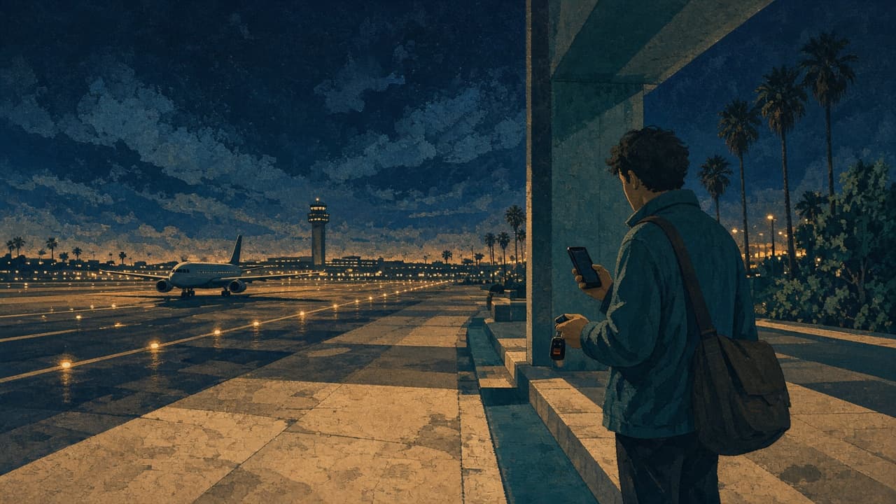 Illustrated night arrival at LAX with a landed plane and a traveler holding a phone in one hand and a rental key in the other.
