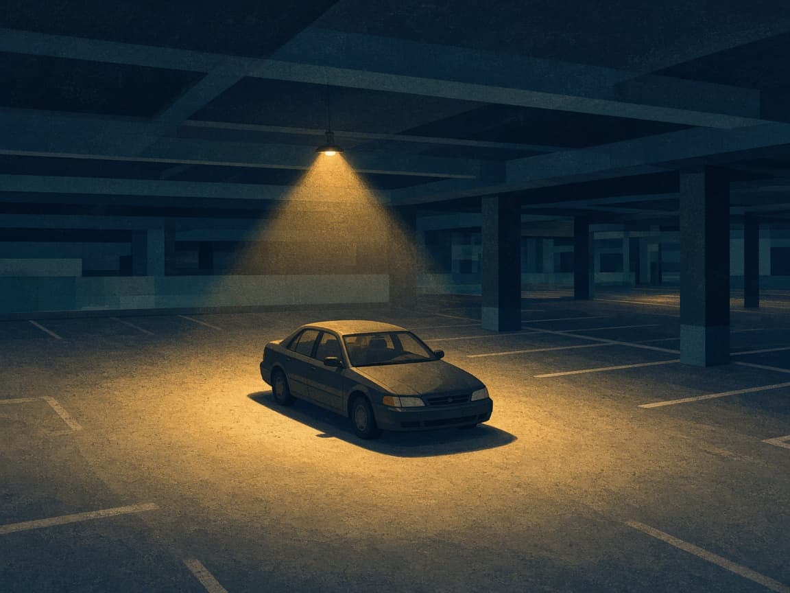 Illustrated dark LAX rental garage at night with one sedan parked under a single gold pool of light.