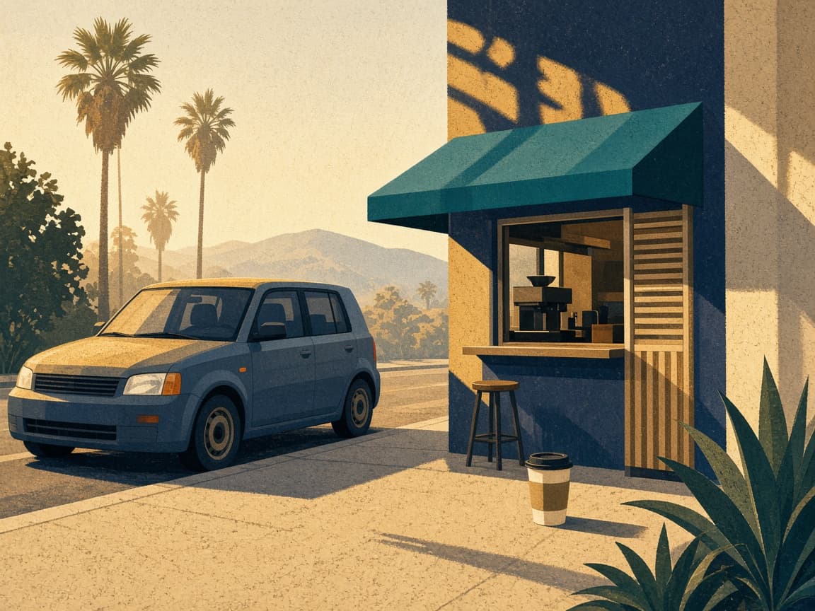 Illustrated bright Los Angeles morning with a compact rental parked by a coffee stand and gold sunlight.