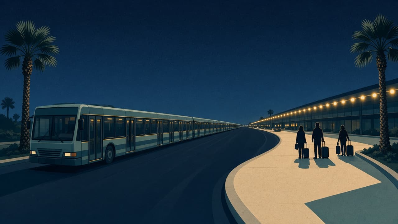 Illustrated night scene of a long LAX rental-car shuttle on the terminal horseshoe, gold lights and navy sky.
