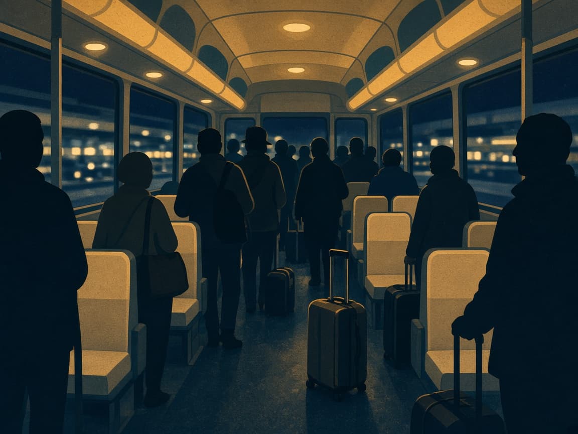 Illustrated interior of a crowded night-time LAX airport shuttle with standing passengers and bags in the aisle.