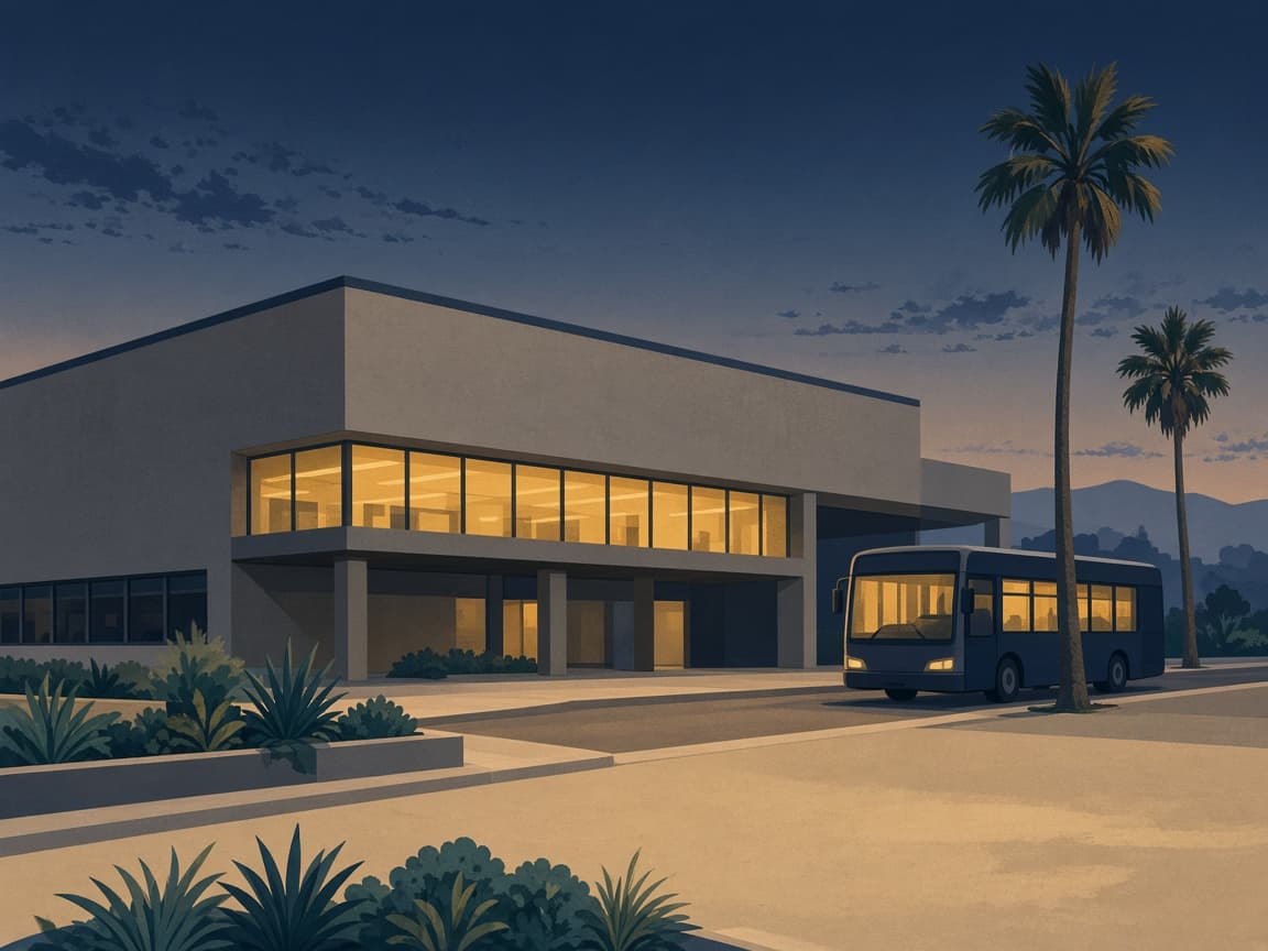 Illustrated dusk view of the LAX Rental Car Center with a shuttle arriving at the curb.