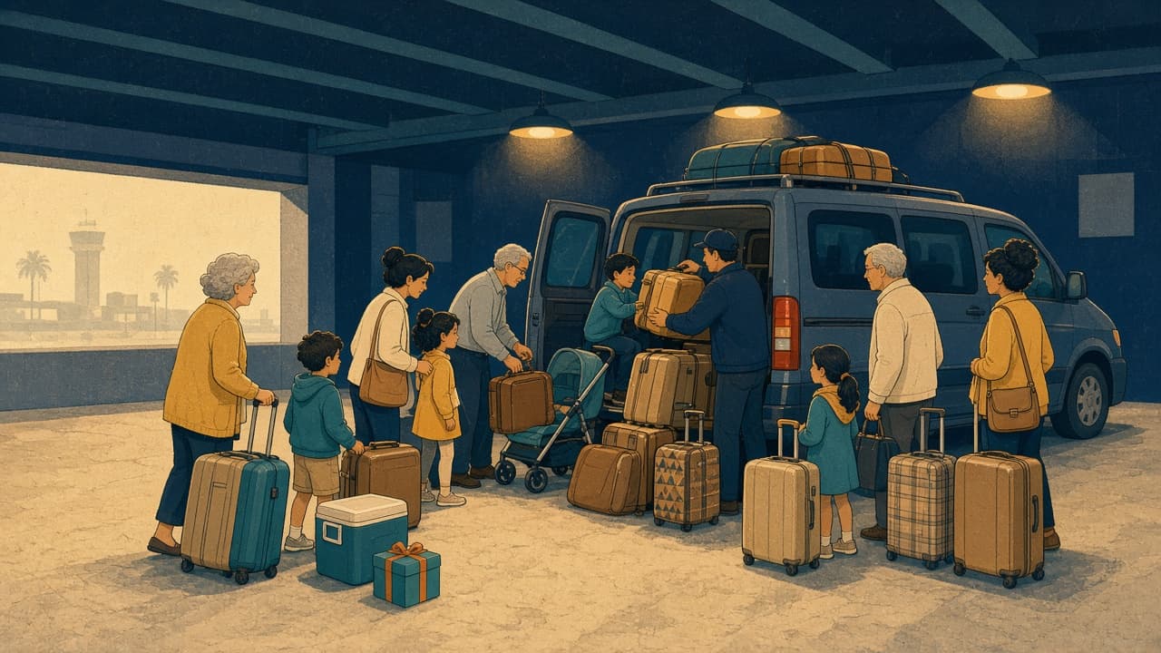 Illustrated LAX garage scene of a family loading far too many bags into a passenger van under gold lights.