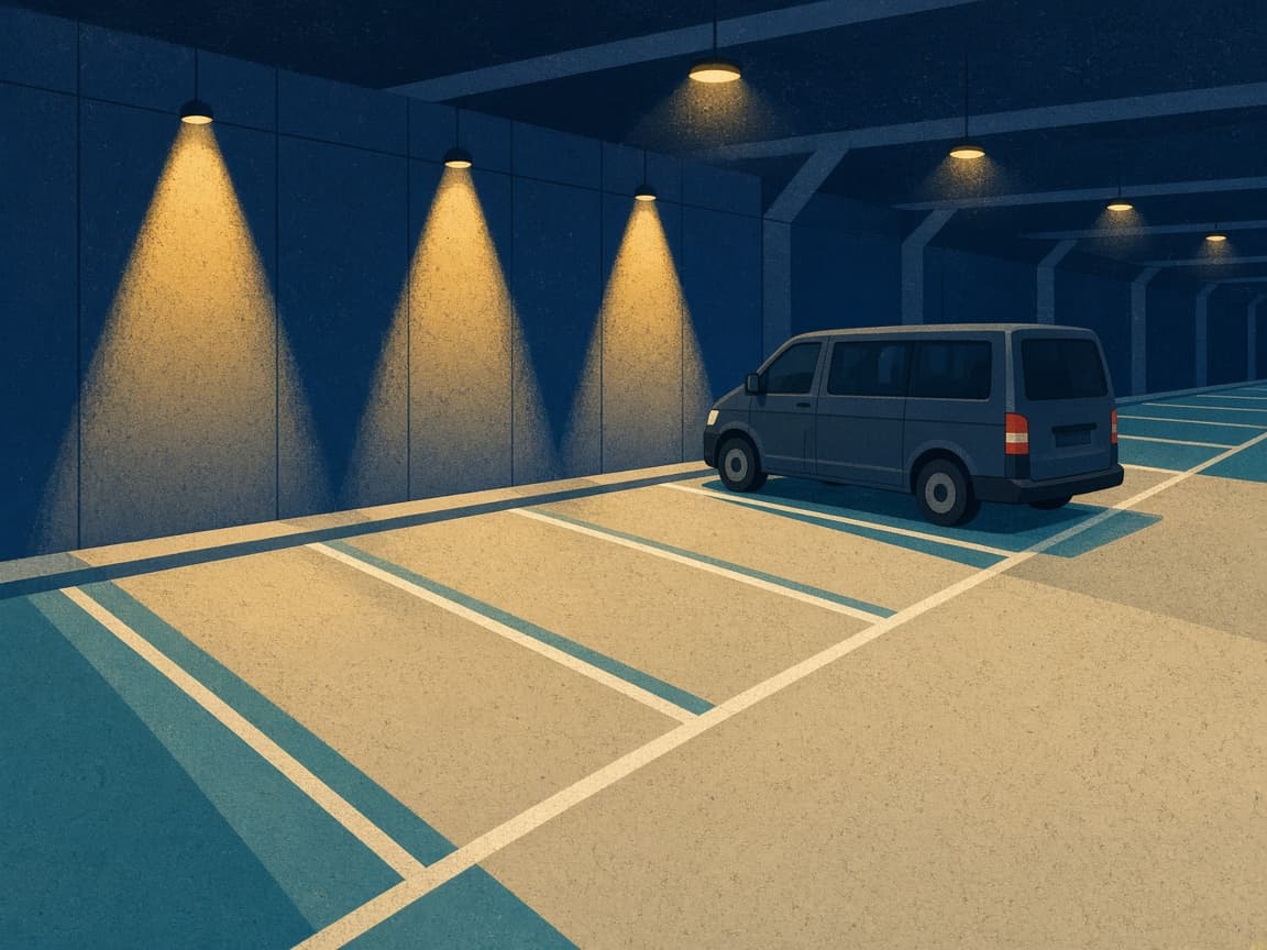 Illustrated nearly empty van row in a navy LAX rental garage with one van leaving the last stall.