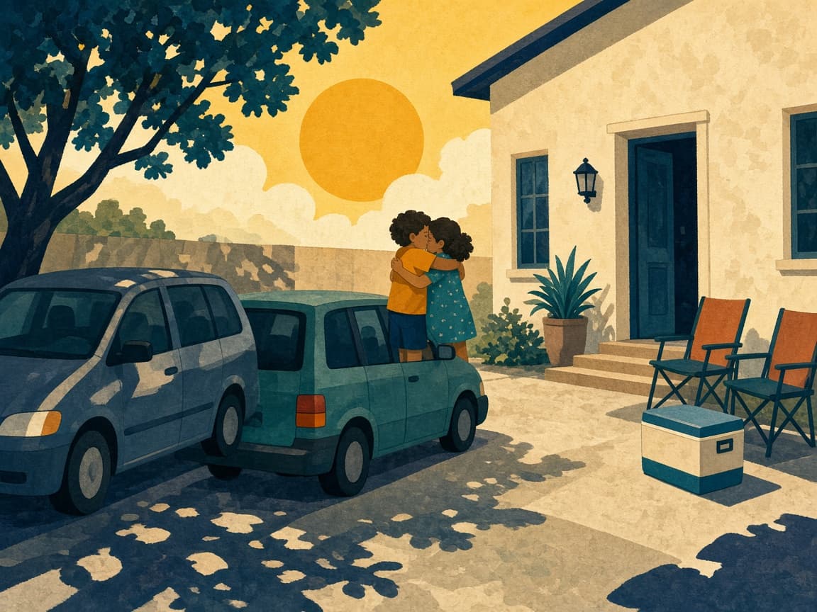 Illustrated sunny driveway reunion with two minivans, folding chairs, and cousins greeting each other.