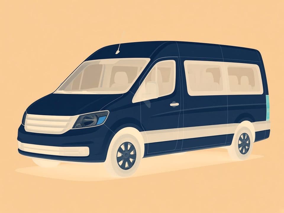 Illustrated navy 15-passenger van on a cream LAX rental lane.