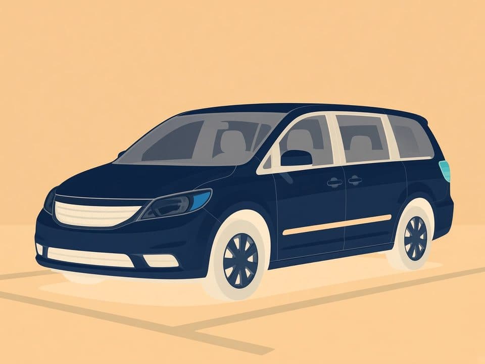 Illustrated navy minivan on a cream LAX rental lane.