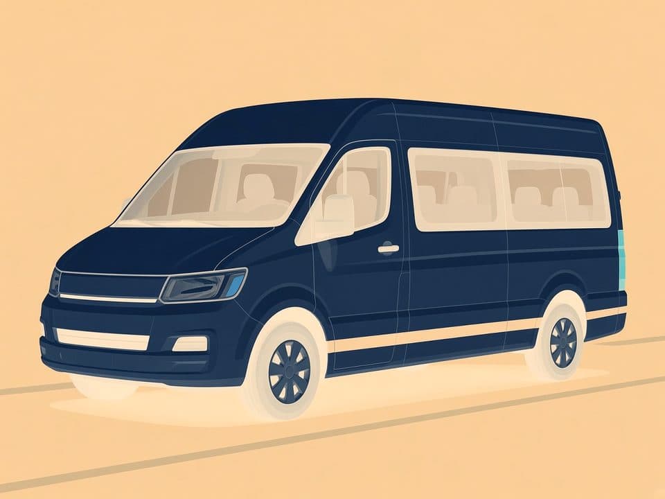 Illustrated navy passenger van on a cream LAX rental lane.